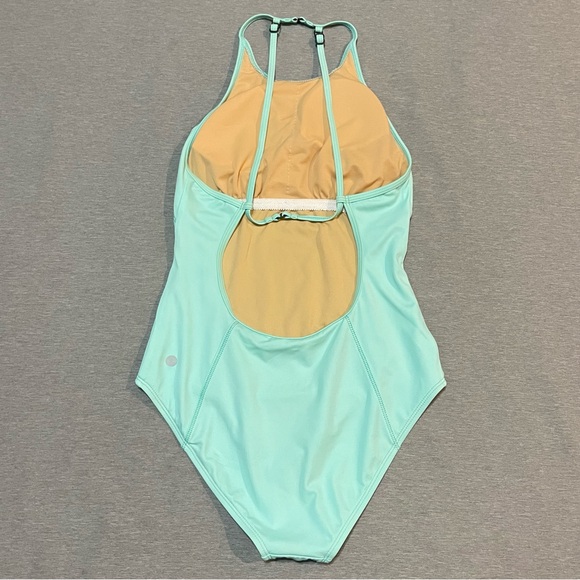 Zella Teal One Piece Swimsuit Small High Neck Crossback Athletic Shelf Bra - Picture 7 of 15